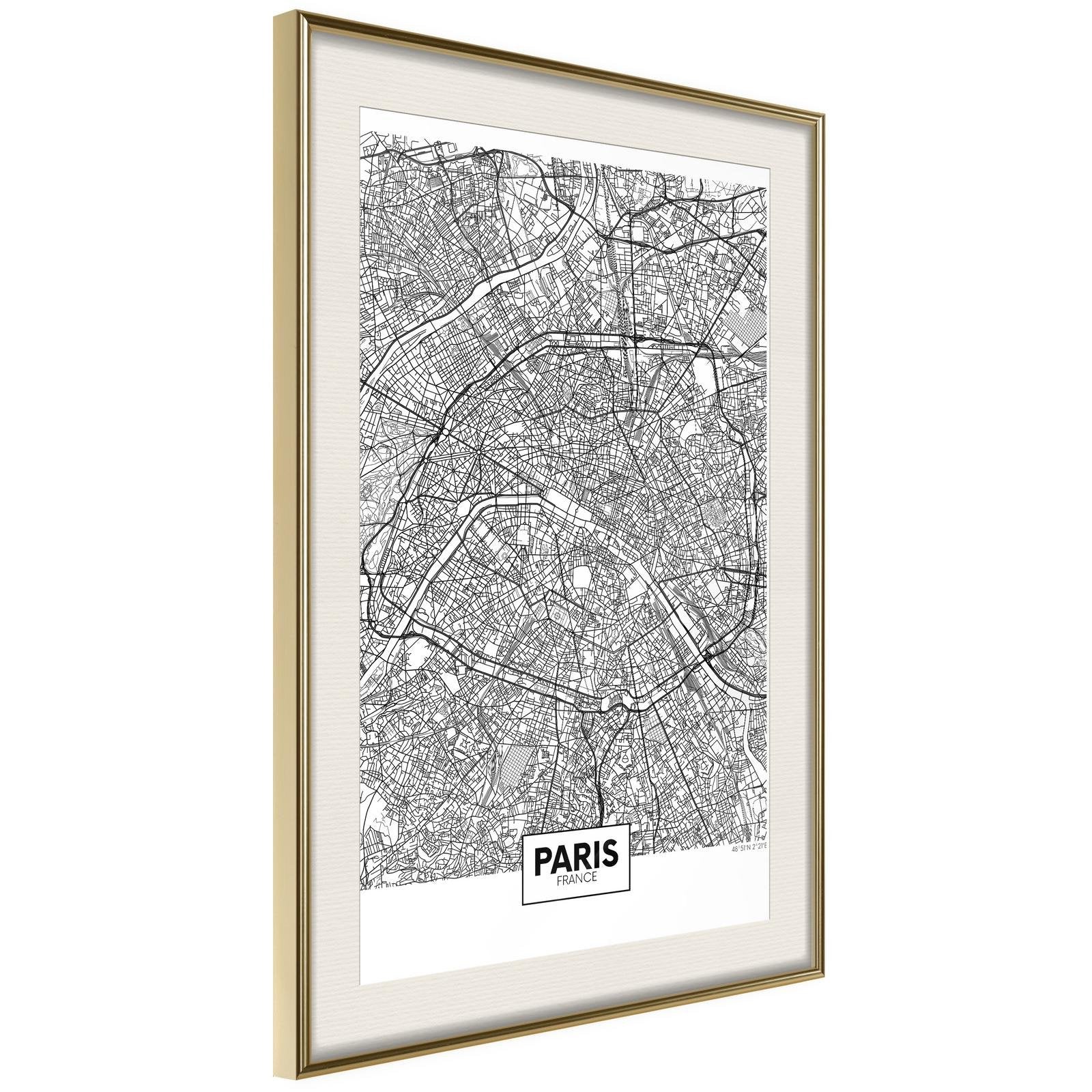 Inramad Poster / Tavla - City Map: Paris-Poster Inramad-Artgeist-20x30-Guldram med passepartout-peaceofhome.se