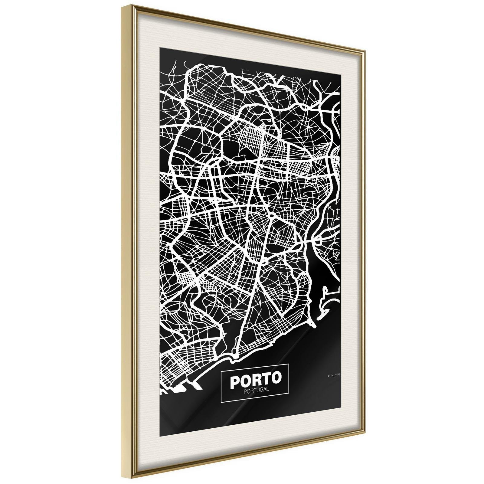 Inramad Poster / Tavla - City Map: Porto (Dark)-Poster Inramad-Artgeist-20x30-Guldram med passepartout-peaceofhome.se