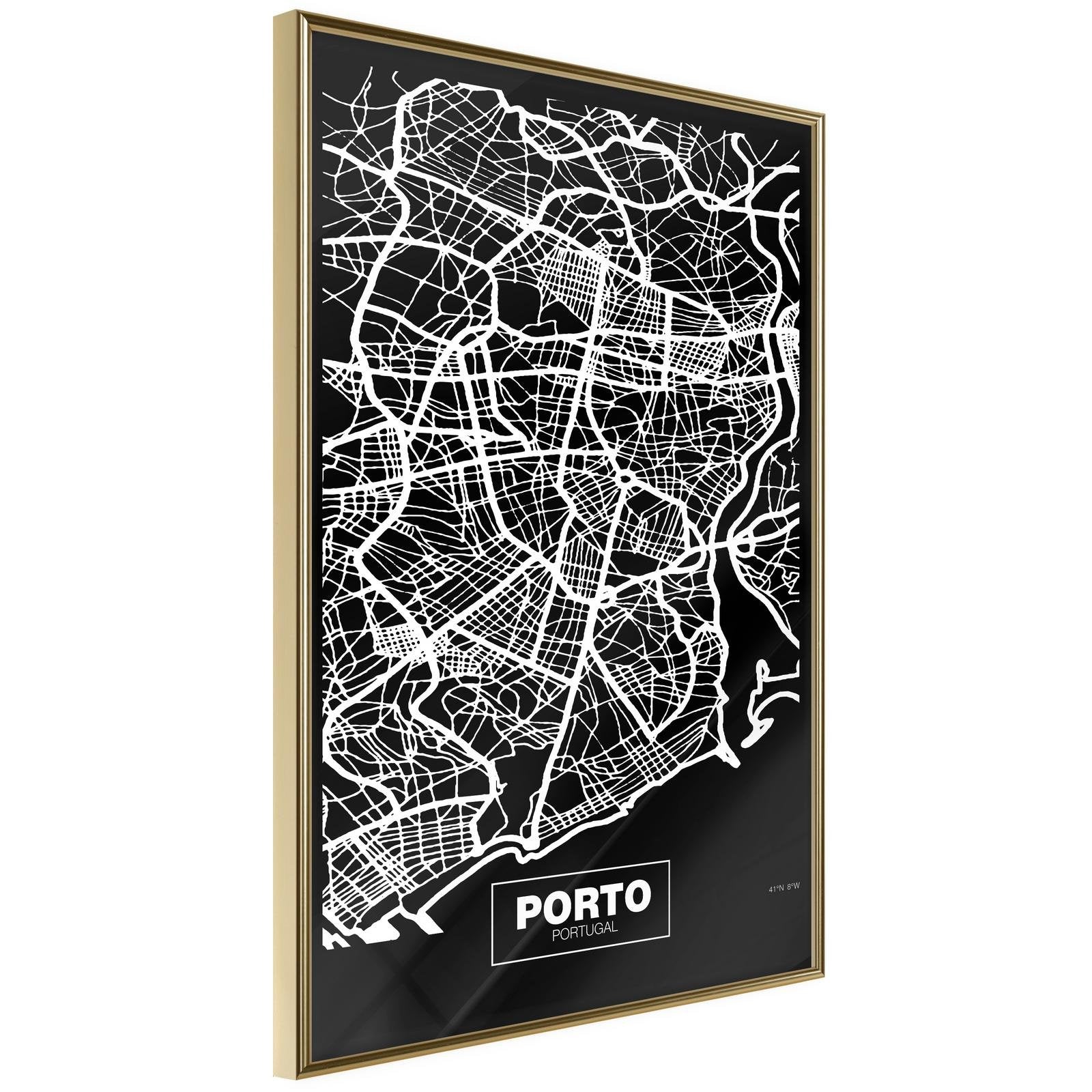 Inramad Poster / Tavla - City Map: Porto (Dark)-Poster Inramad-Artgeist-20x30-Guldram-peaceofhome.se