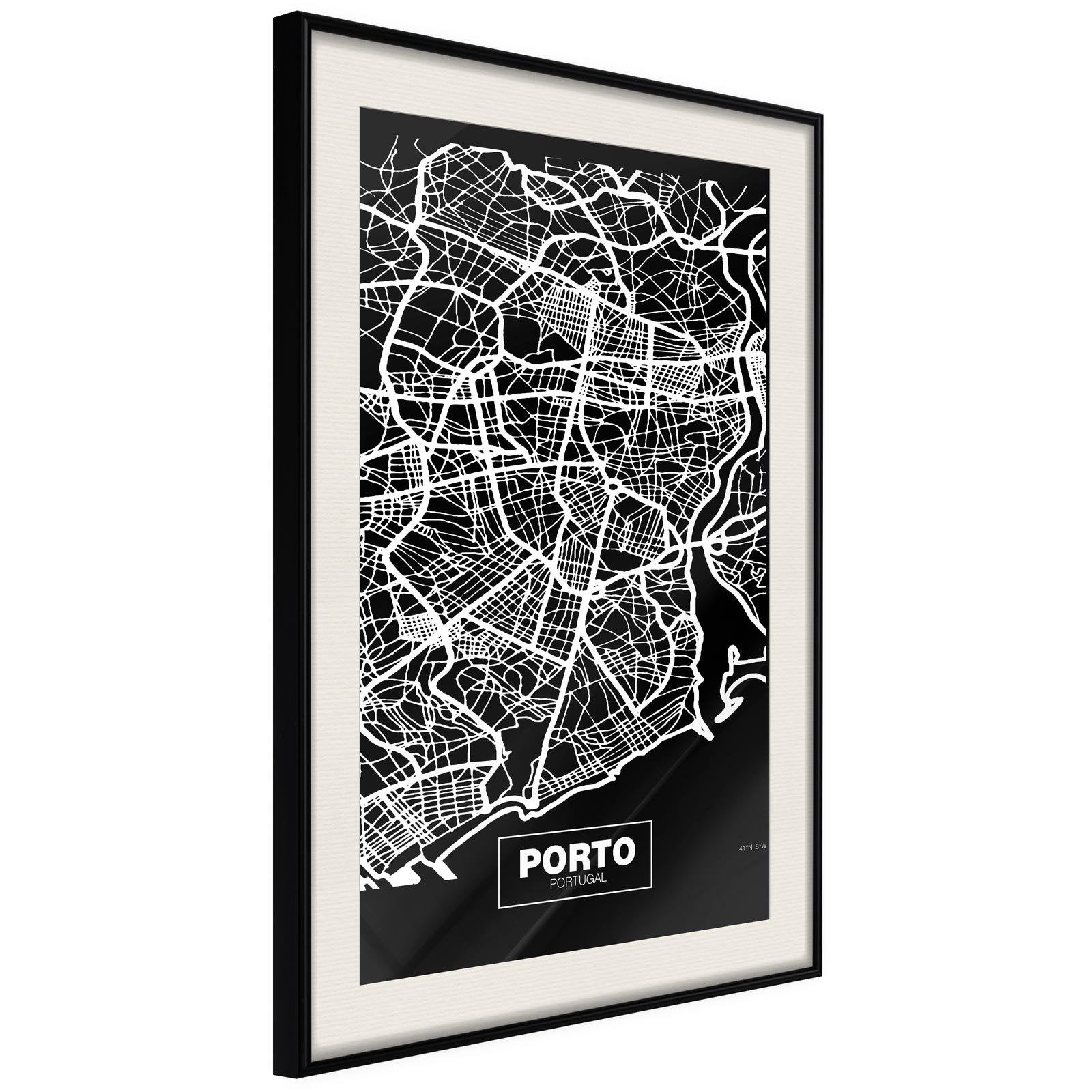 Inramad Poster / Tavla - City Map: Porto (Dark)-Poster Inramad-Artgeist-20x30-Svart ram med passepartout-peaceofhome.se