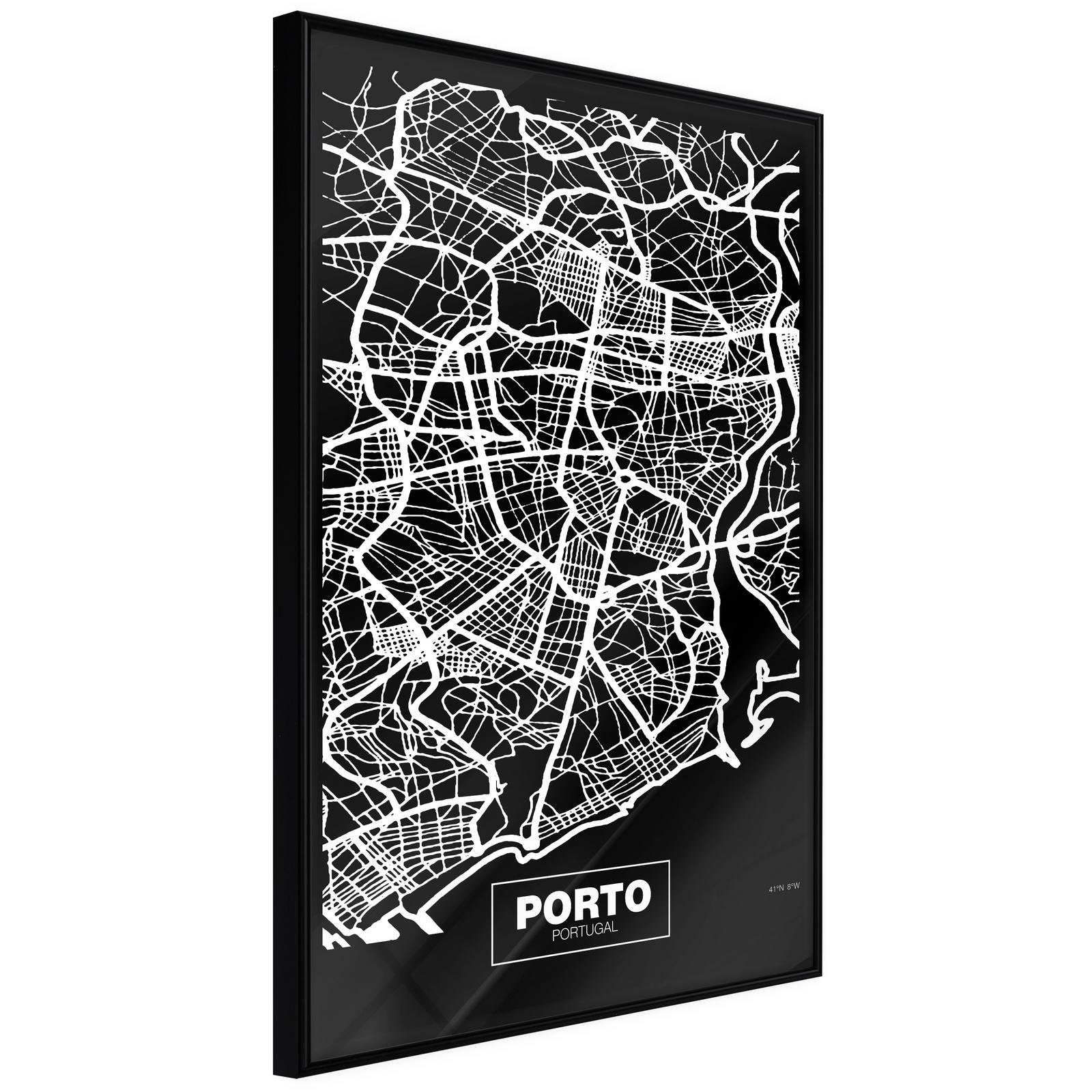 Inramad Poster / Tavla - City Map: Porto (Dark)-Poster Inramad-Artgeist-20x30-Svart ram-peaceofhome.se