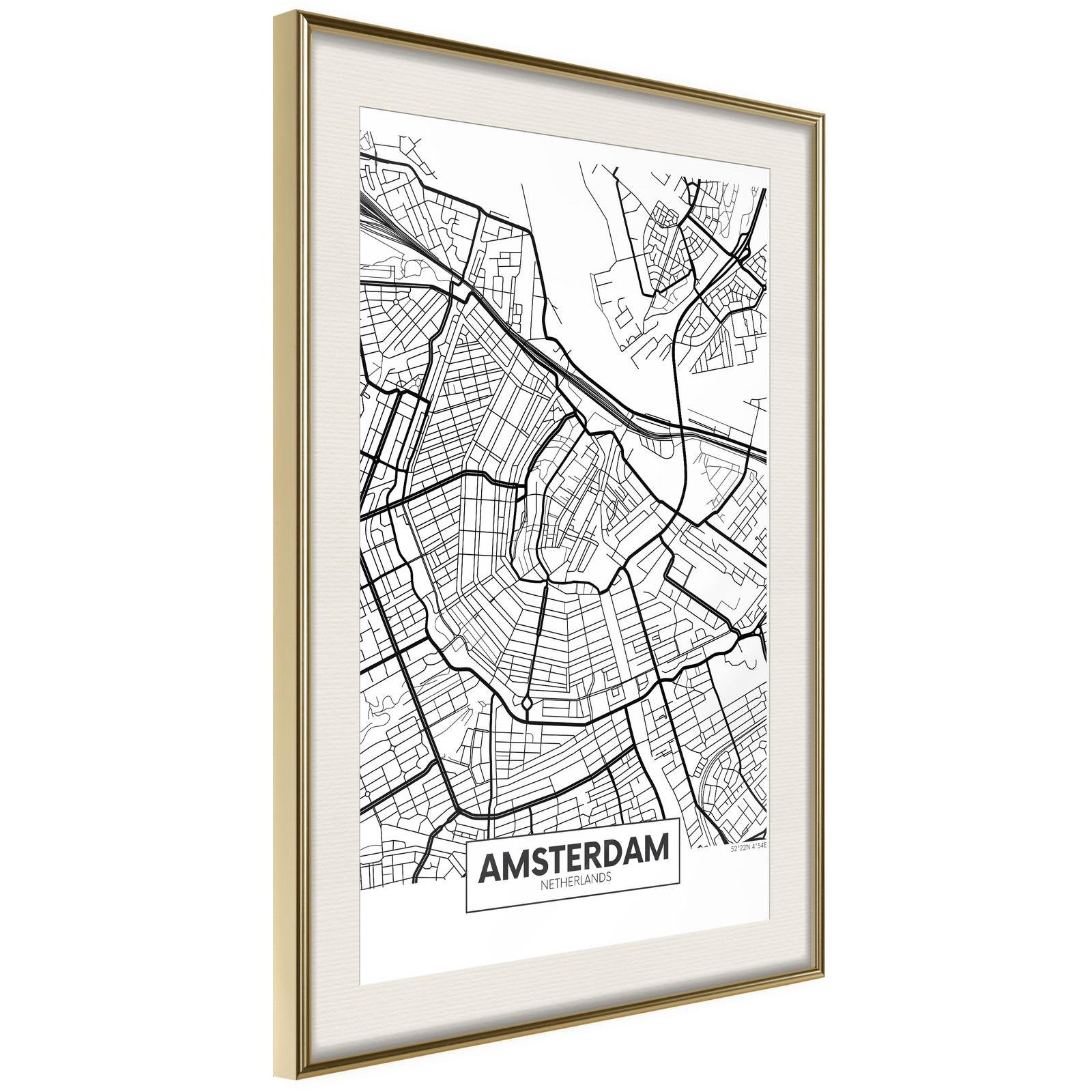 Inramad Poster / Tavla - City map: Amsterdam-Poster Inramad-Artgeist-20x30-Guldram med passepartout-peaceofhome.se