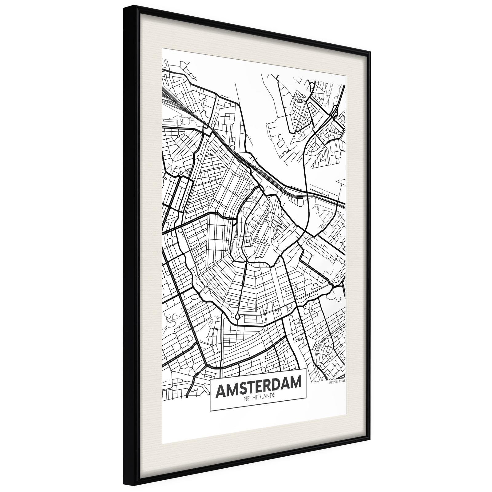 Inramad Poster / Tavla - City map: Amsterdam-Poster Inramad-Artgeist-20x30-Svart ram med passepartout-peaceofhome.se