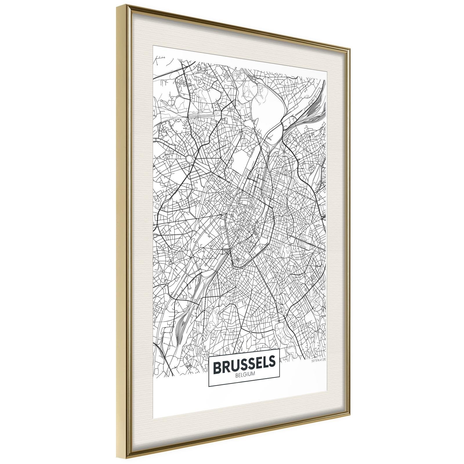 Inramad Poster / Tavla - City map: Brussels-Poster Inramad-Artgeist-20x30-Guldram med passepartout-peaceofhome.se