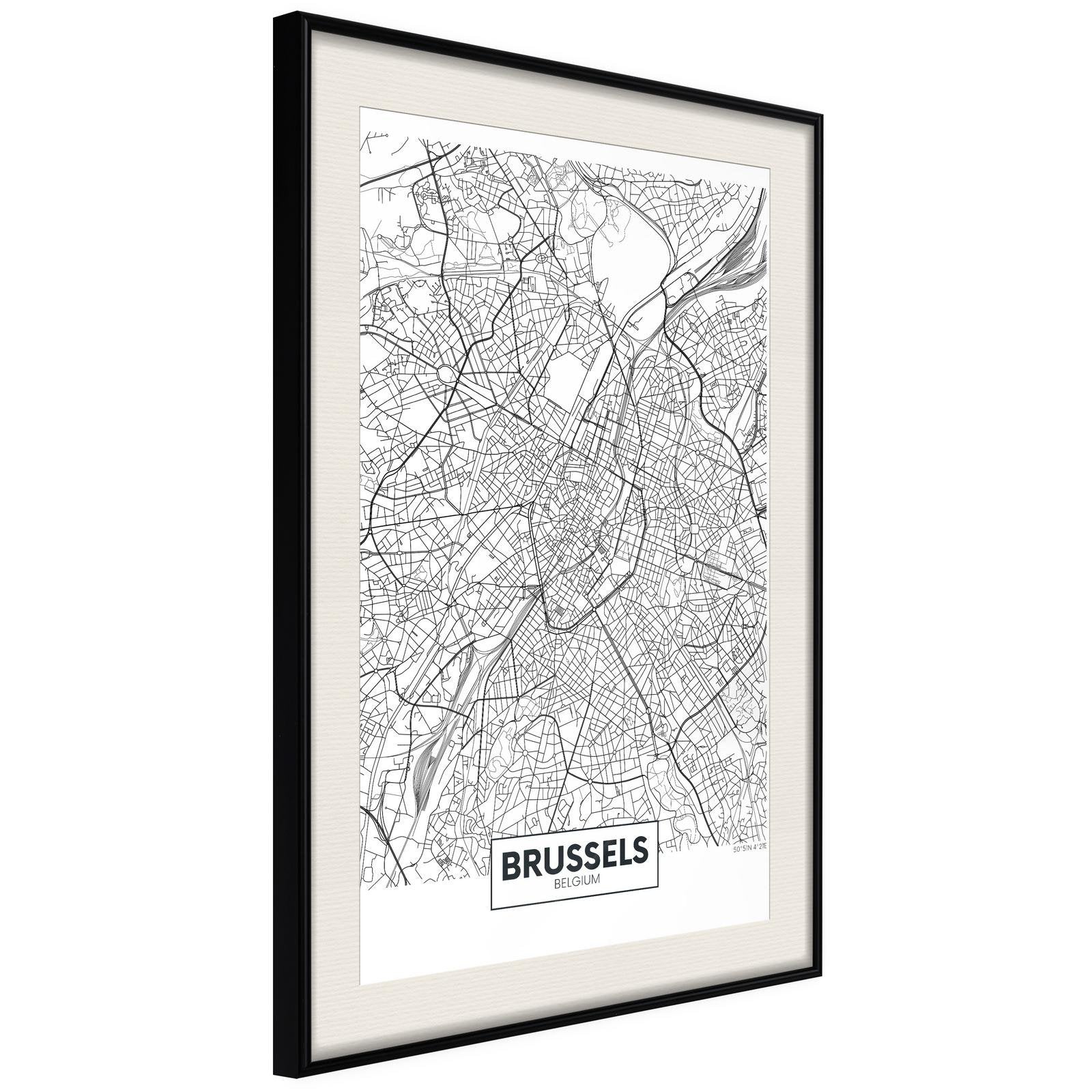 Inramad Poster / Tavla - City map: Brussels-Poster Inramad-Artgeist-20x30-Svart ram med passepartout-peaceofhome.se