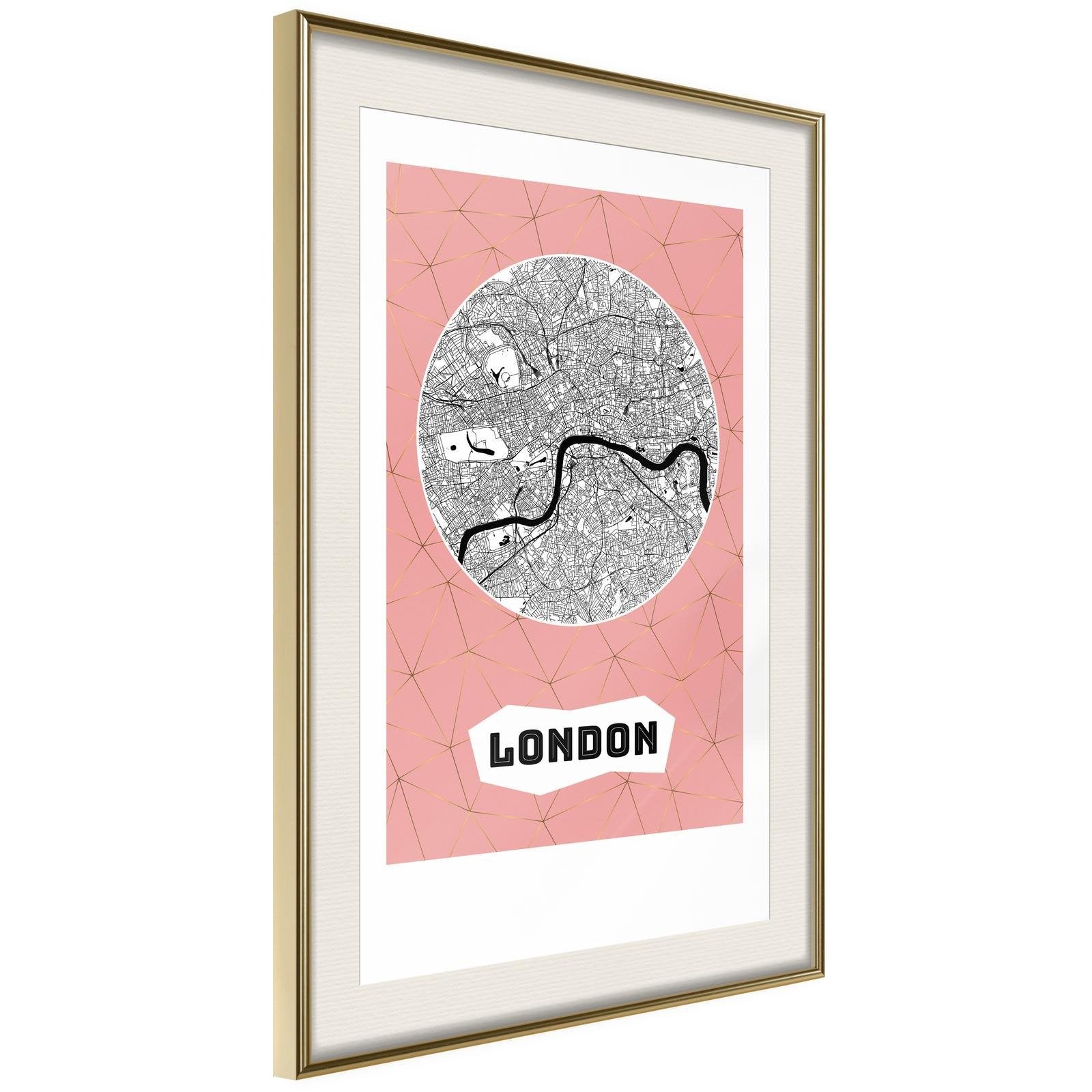 Inramad Poster / Tavla - City map: London (Pink)-Poster Inramad-Artgeist-20x30-Guldram med passepartout-peaceofhome.se