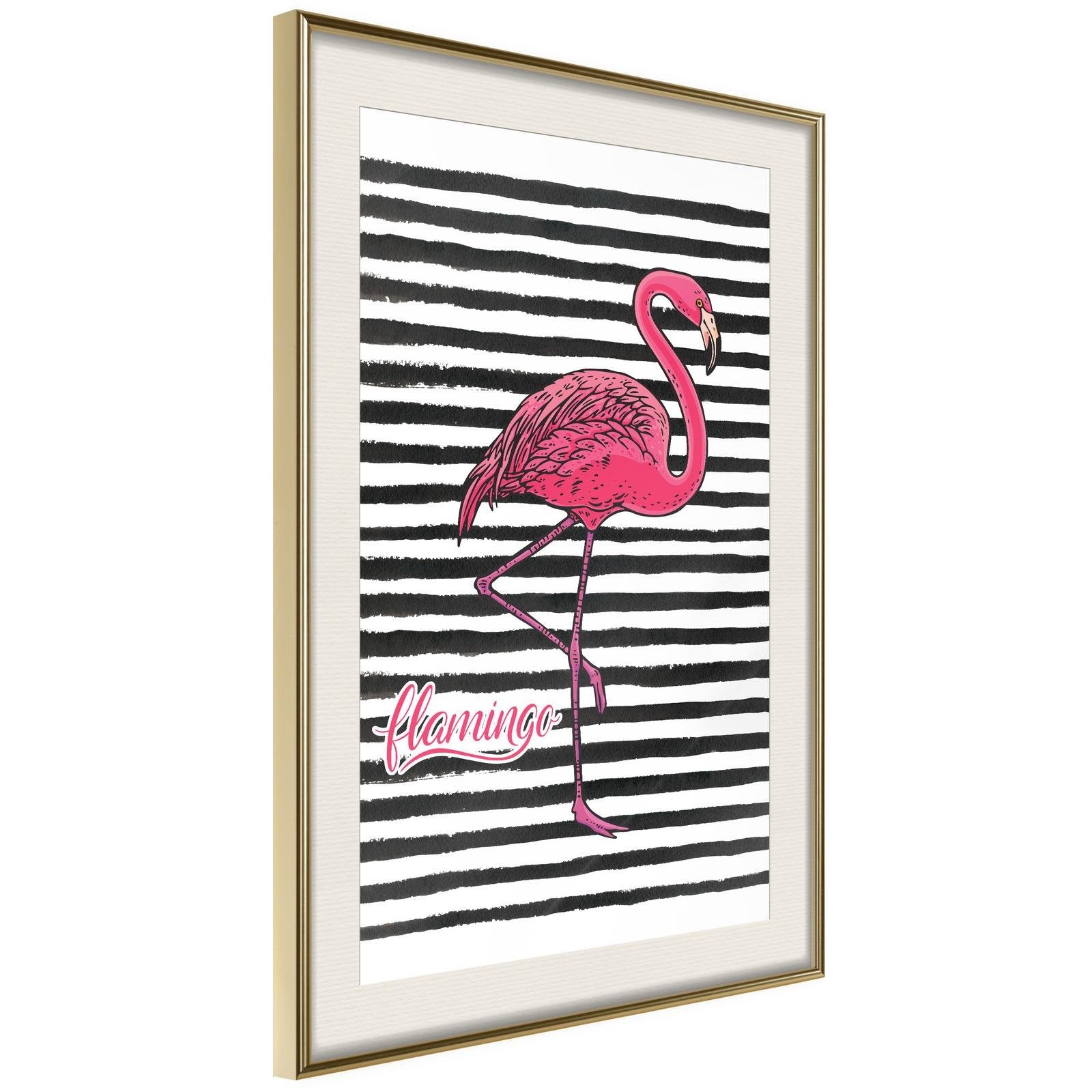 Inramad Poster / Tavla - Flamingo on Striped Background-Poster Inramad-Artgeist-20x30-Guldram med passepartout-peaceofhome.se