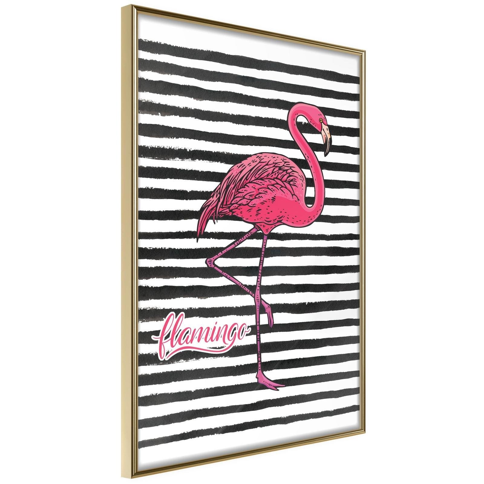 Inramad Poster / Tavla - Flamingo on Striped Background-Poster Inramad-Artgeist-20x30-Guldram-peaceofhome.se