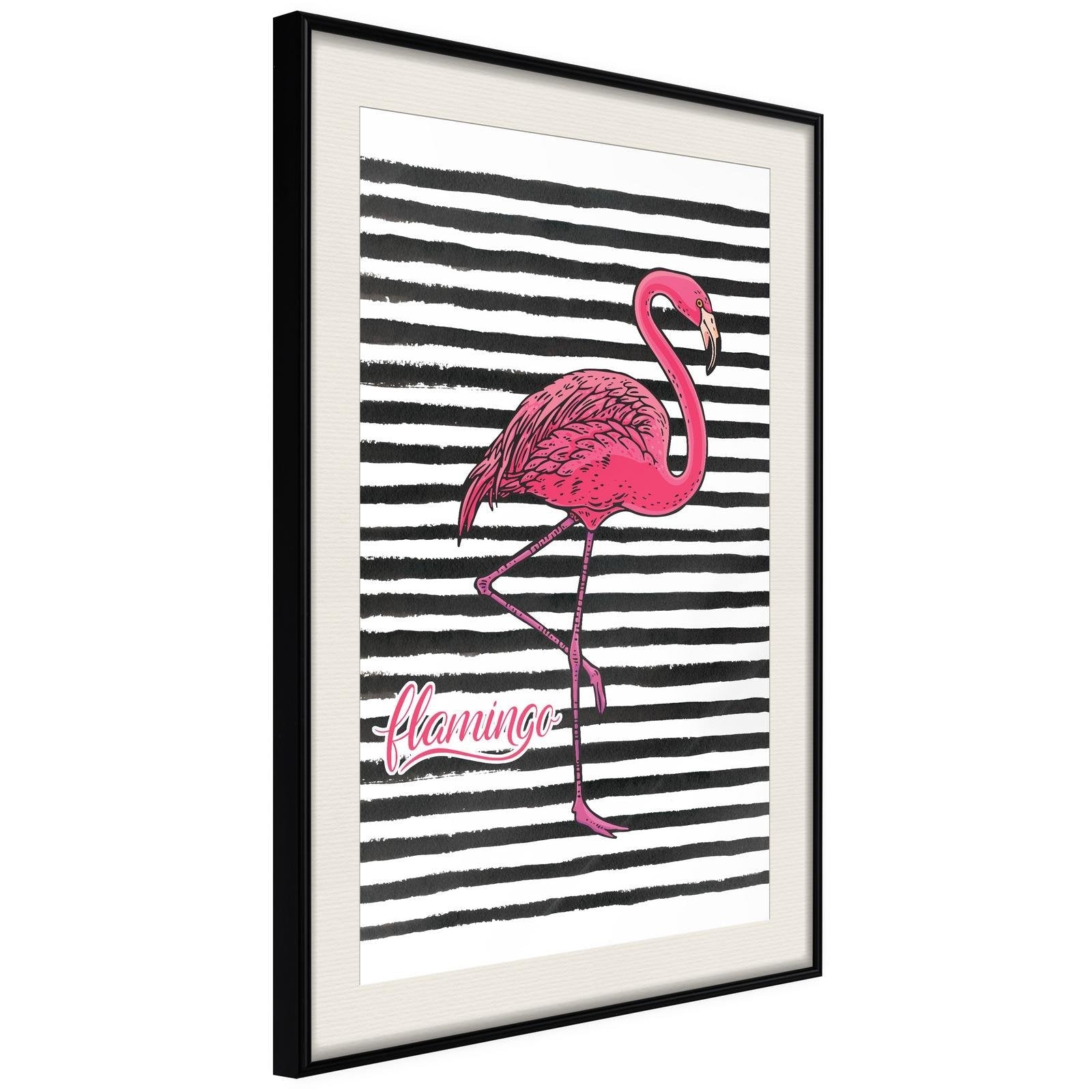 Inramad Poster / Tavla - Flamingo on Striped Background-Poster Inramad-Artgeist-20x30-Svart ram med passepartout-peaceofhome.se