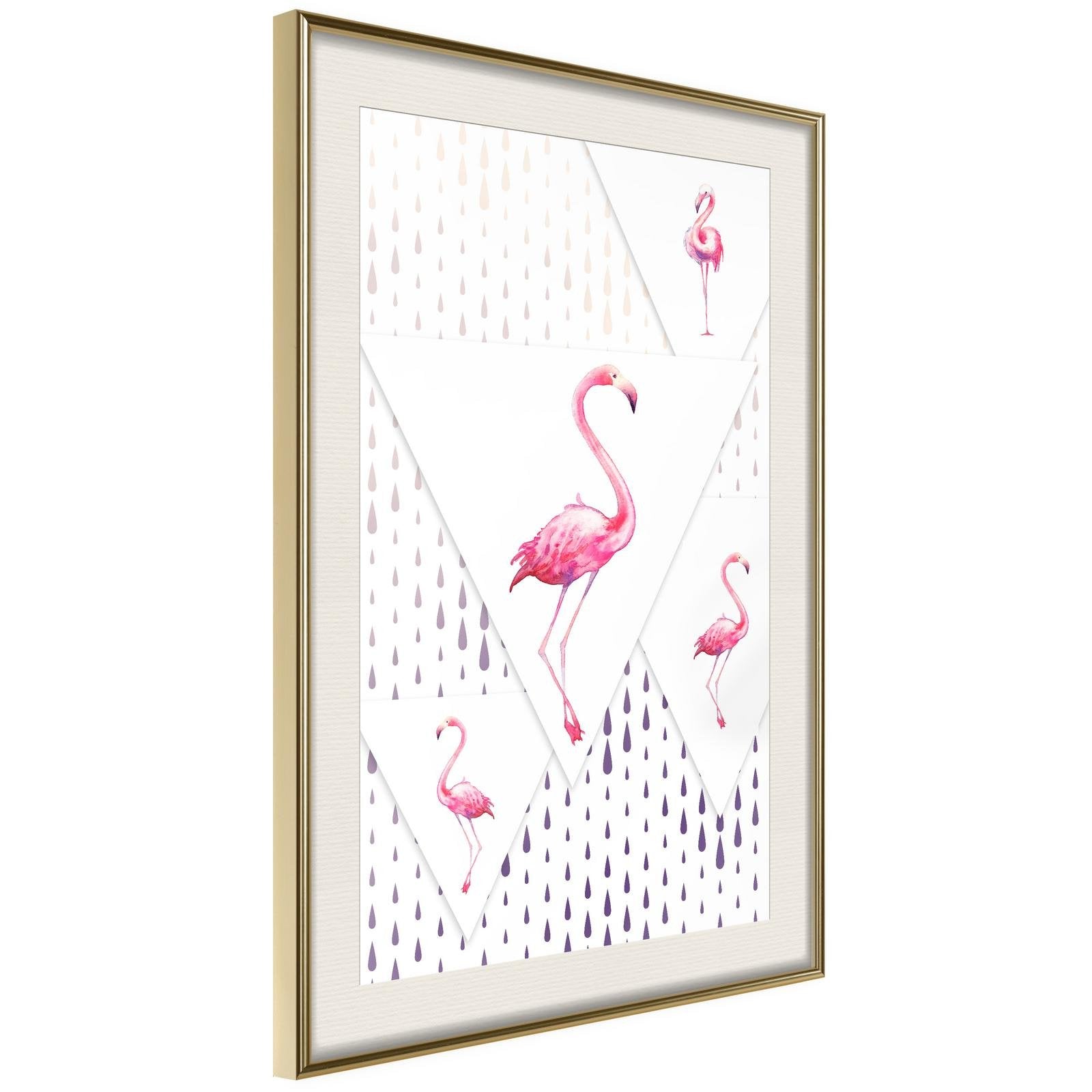Inramad Poster / Tavla - Flamingos and Triangles-Poster Inramad-Artgeist-20x30-Guldram med passepartout-peaceofhome.se