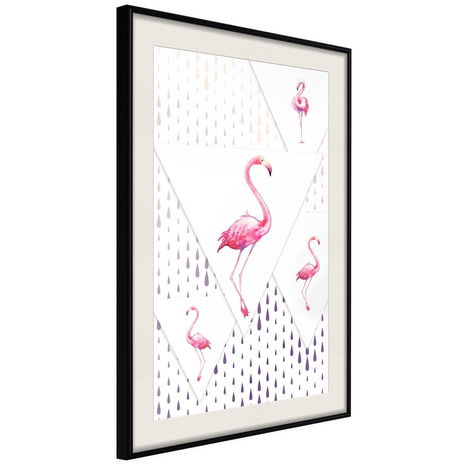 Inramad Poster / Tavla - Flamingos and Triangles-Poster Inramad-Artgeist-20x30-Svart ram med passepartout-peaceofhome.se