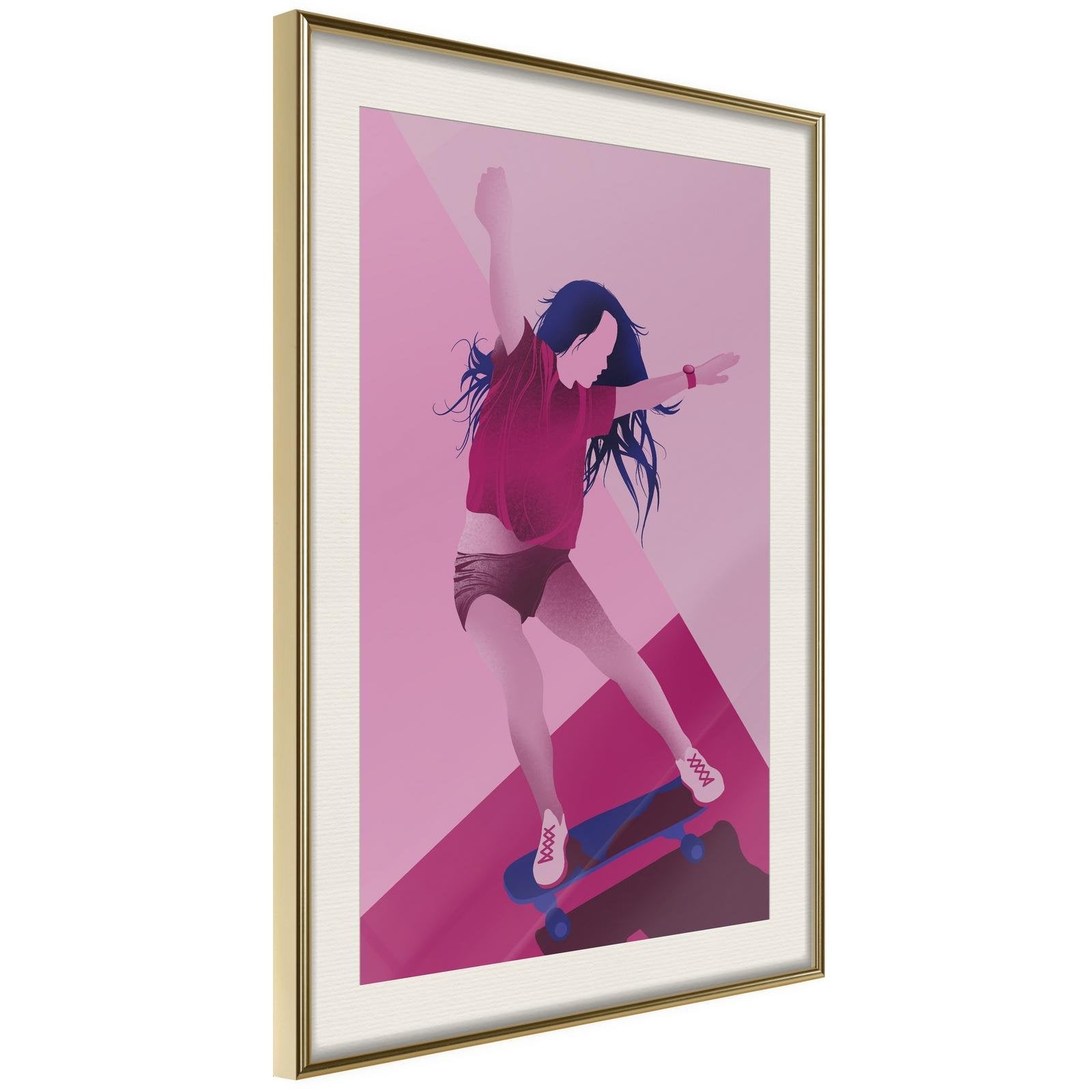 Inramad Poster / Tavla - Girl on a Skateboard-Poster Inramad-Artgeist-20x30-Guldram med passepartout-peaceofhome.se