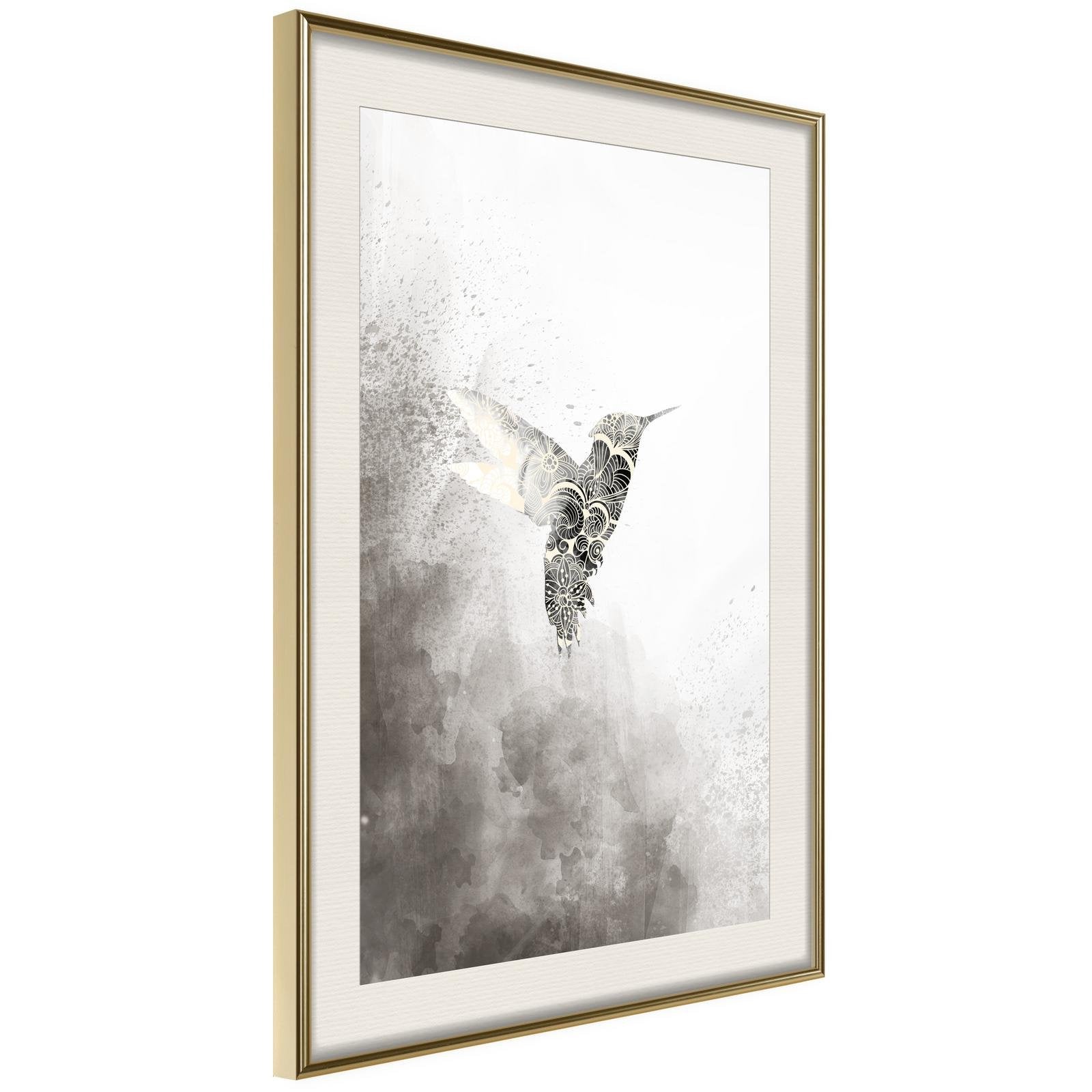 Inramad Poster / Tavla - Hummingbird in Shades of Grey-Poster Inramad-Artgeist-20x30-Guldram med passepartout-peaceofhome.se