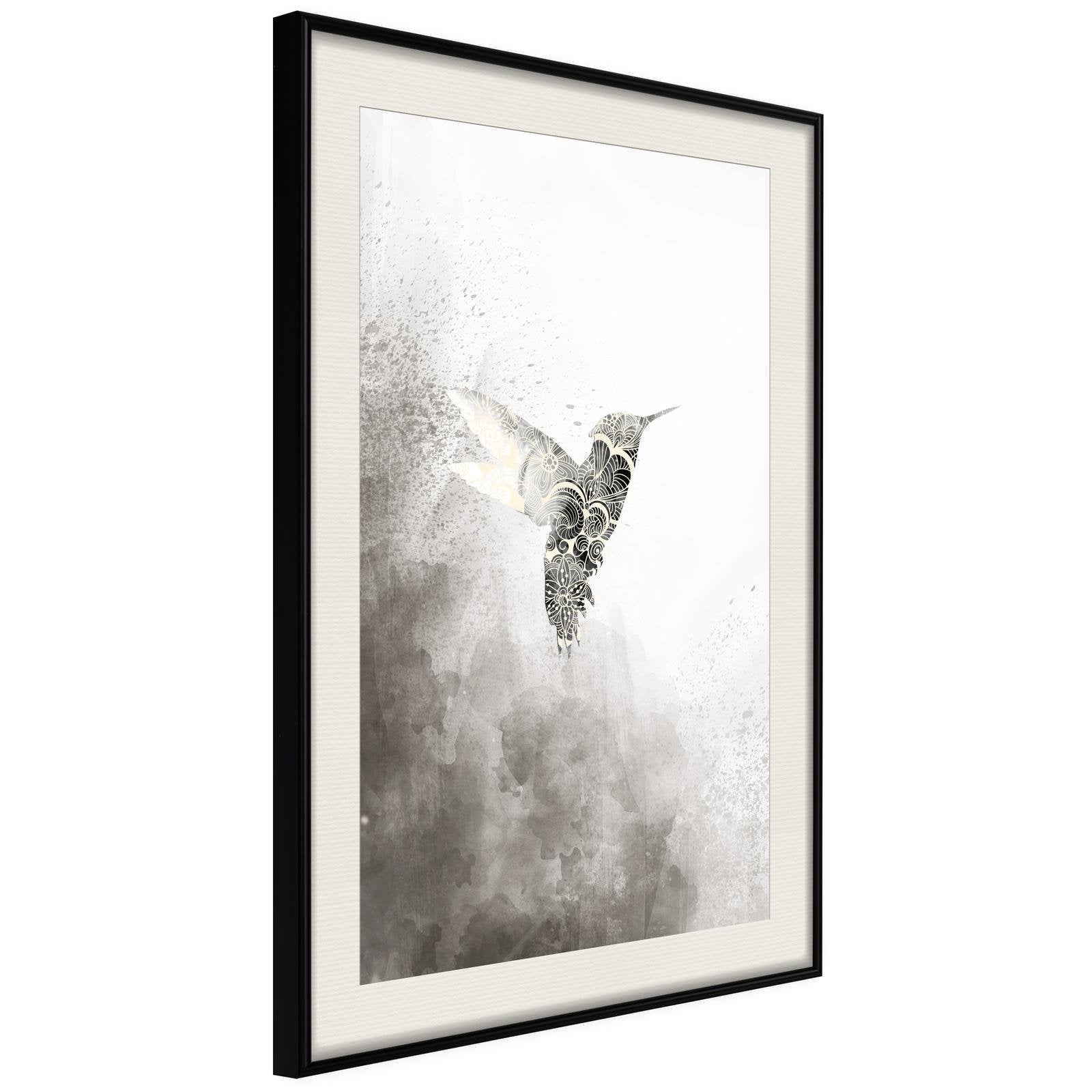 Inramad Poster / Tavla - Hummingbird in Shades of Grey-Poster Inramad-Artgeist-20x30-Svart ram med passepartout-peaceofhome.se