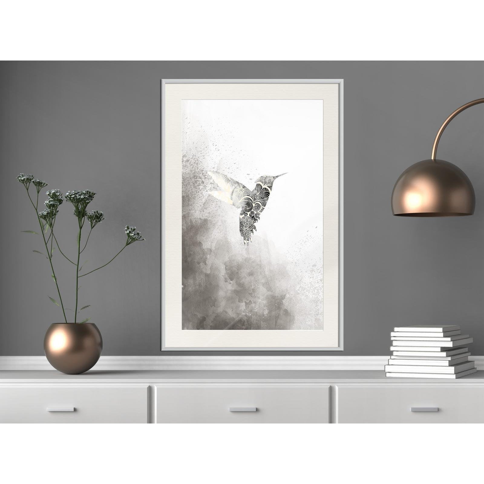 Inramad Poster / Tavla - Hummingbird in Shades of Grey-Poster Inramad-Artgeist-peaceofhome.se