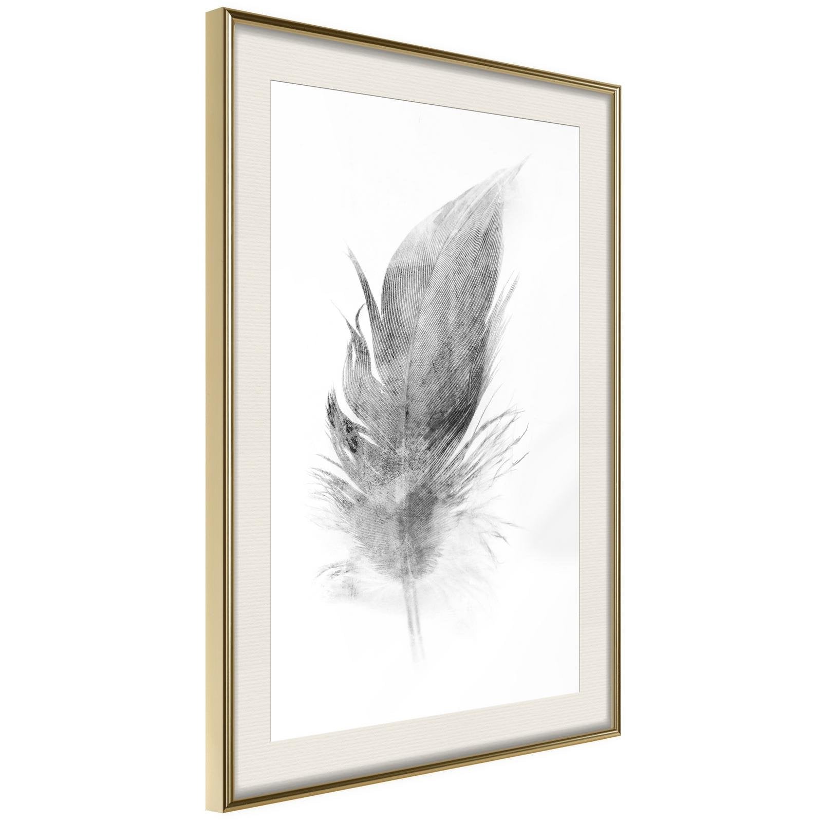 Inramad Poster / Tavla - Lost Feather (Grey)-Poster Inramad-Artgeist-20x30-Guldram med passepartout-peaceofhome.se
