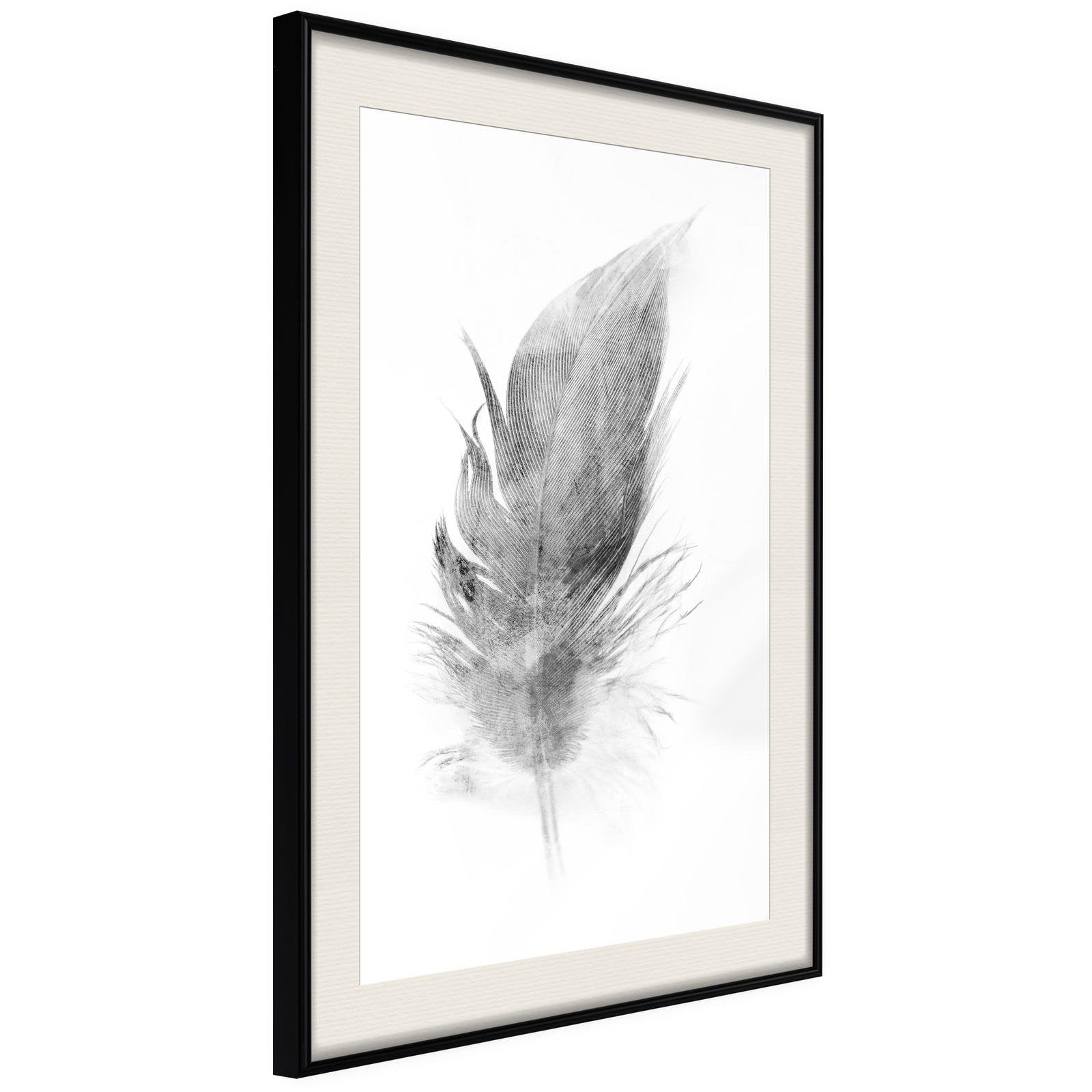 Inramad Poster / Tavla - Lost Feather (Grey)-Poster Inramad-Artgeist-20x30-Svart ram med passepartout-peaceofhome.se
