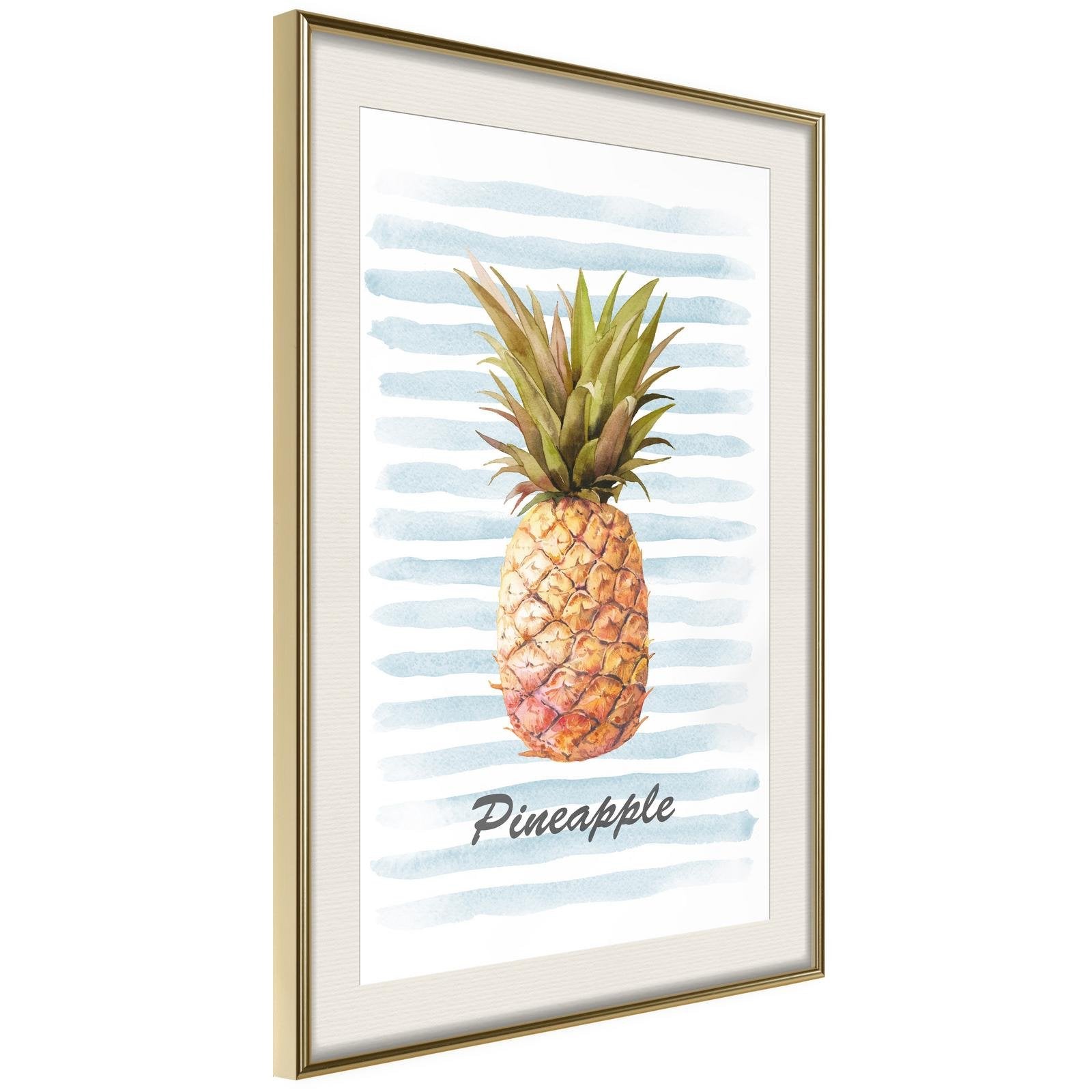 Inramad Poster / Tavla - Pineapple on Striped Background-Poster Inramad-Artgeist-20x30-Guldram med passepartout-peaceofhome.se