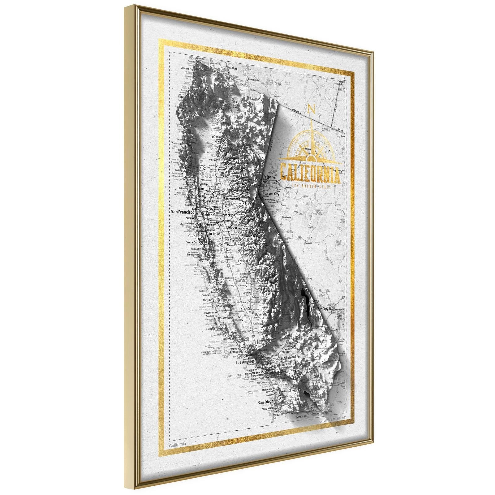 Inramad Poster / Tavla - Raised Relief Map: California-Poster Inramad-Artgeist-20x30-Guldram-peaceofhome.se