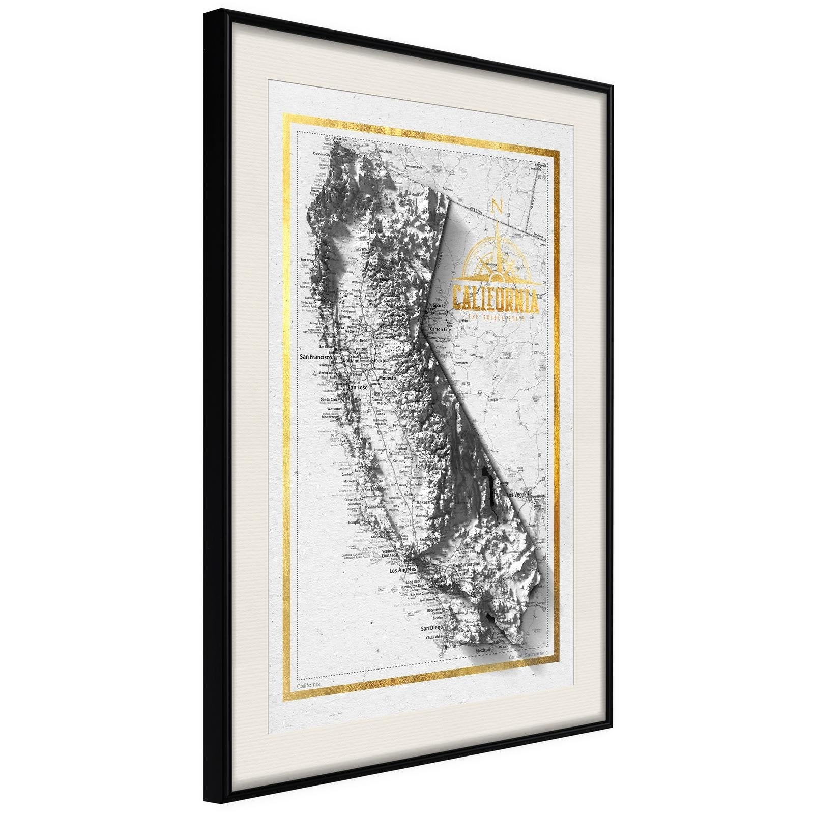 Inramad Poster / Tavla - Raised Relief Map: California-Poster Inramad-Artgeist-20x30-Svart ram med passepartout-peaceofhome.se
