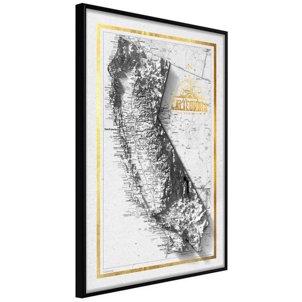 Inramad Poster / Tavla - Raised Relief Map: California-Poster Inramad-Artgeist-20x30-Svart ram-peaceofhome.se
