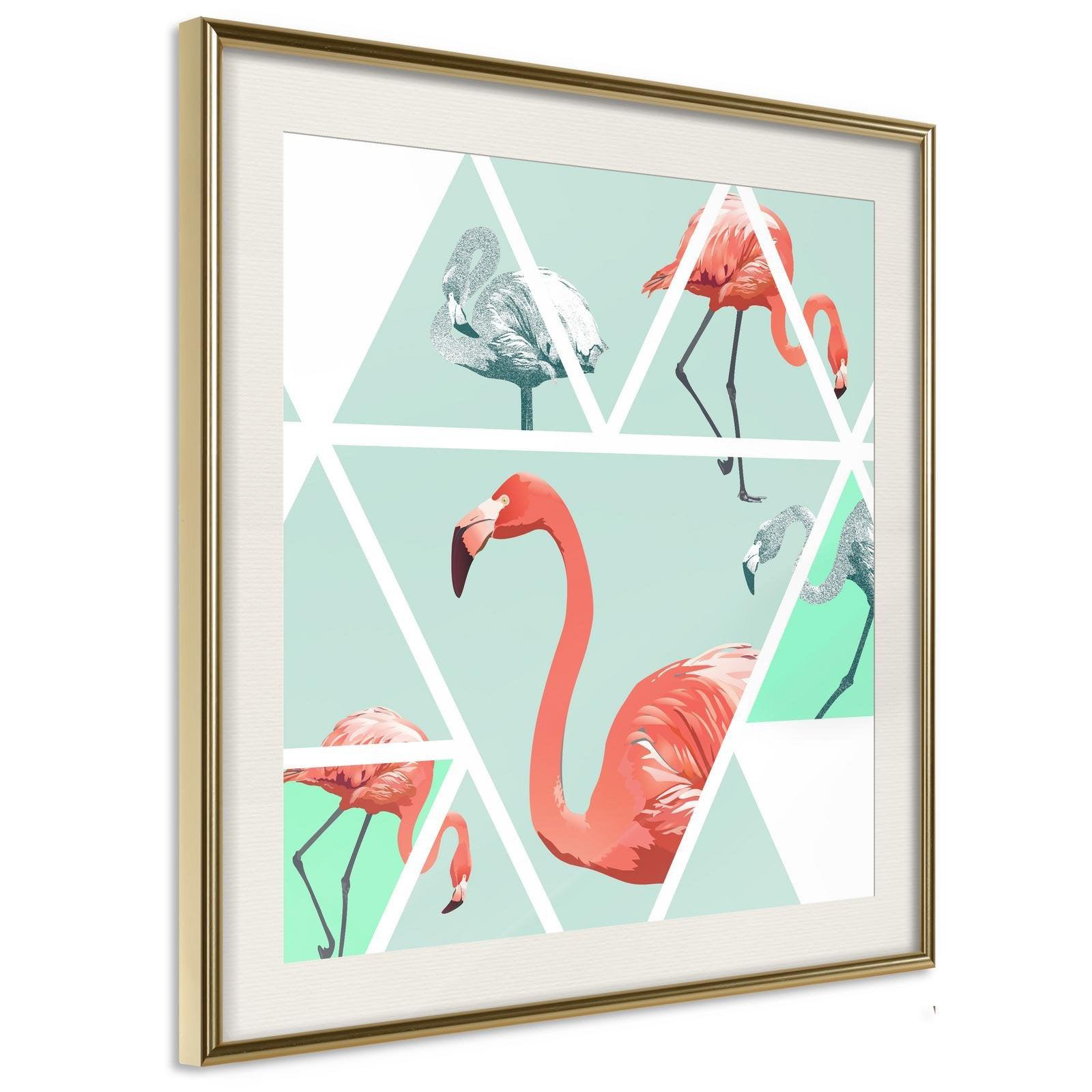 Inramad Poster / Tavla - Tropical Mosaic with Flamingos (Square)-Poster Inramad-Artgeist-20x20-Guldram med passepartout-peaceofhome.se