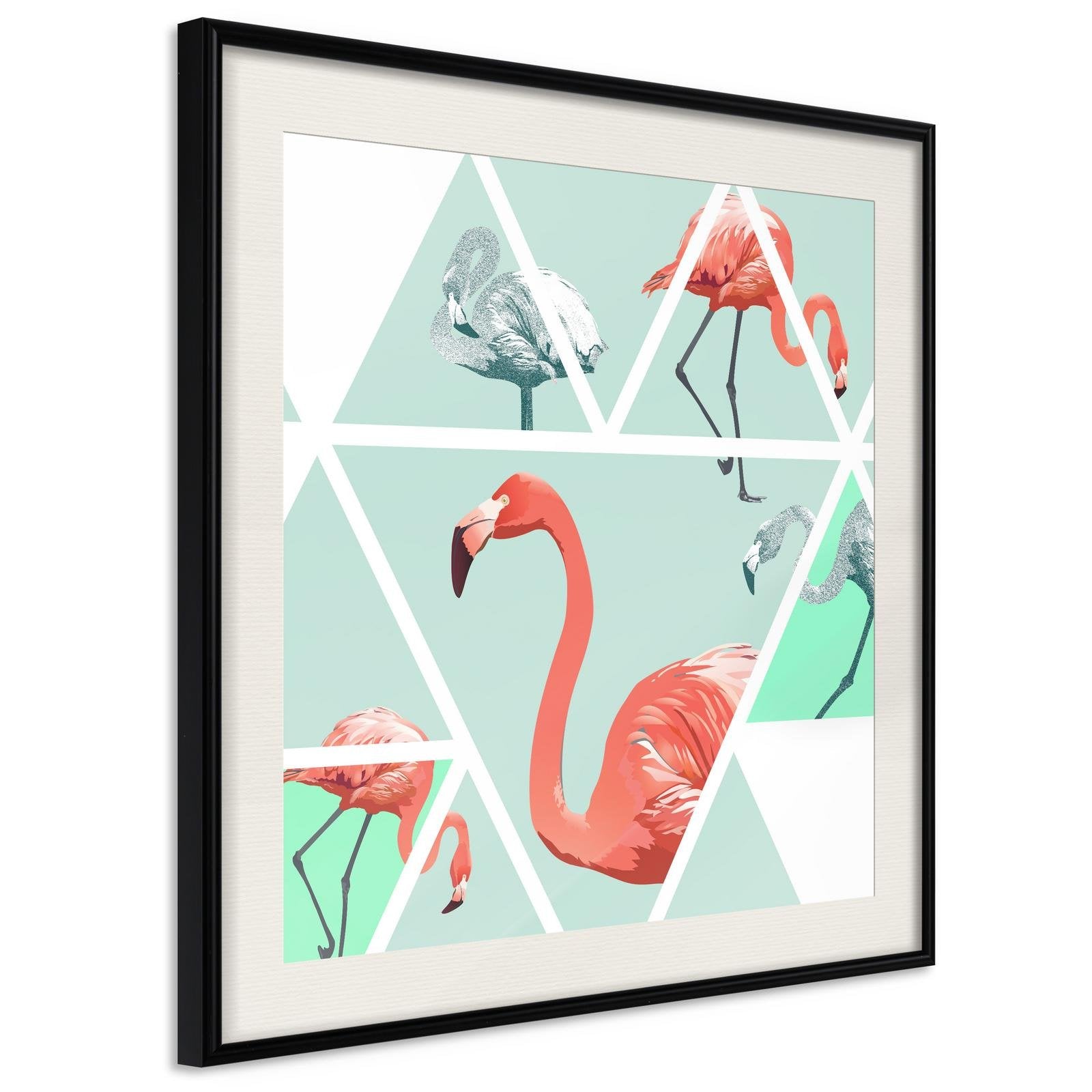 Inramad Poster / Tavla - Tropical Mosaic with Flamingos (Square)-Poster Inramad-Artgeist-20x20-Svart ram med passepartout-peaceofhome.se
