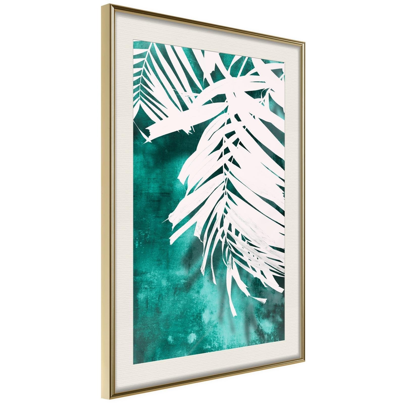 Inramad Poster / Tavla - White Palm on Teal Background-Poster Inramad-Artgeist-20x30-Guldram med passepartout-peaceofhome.se